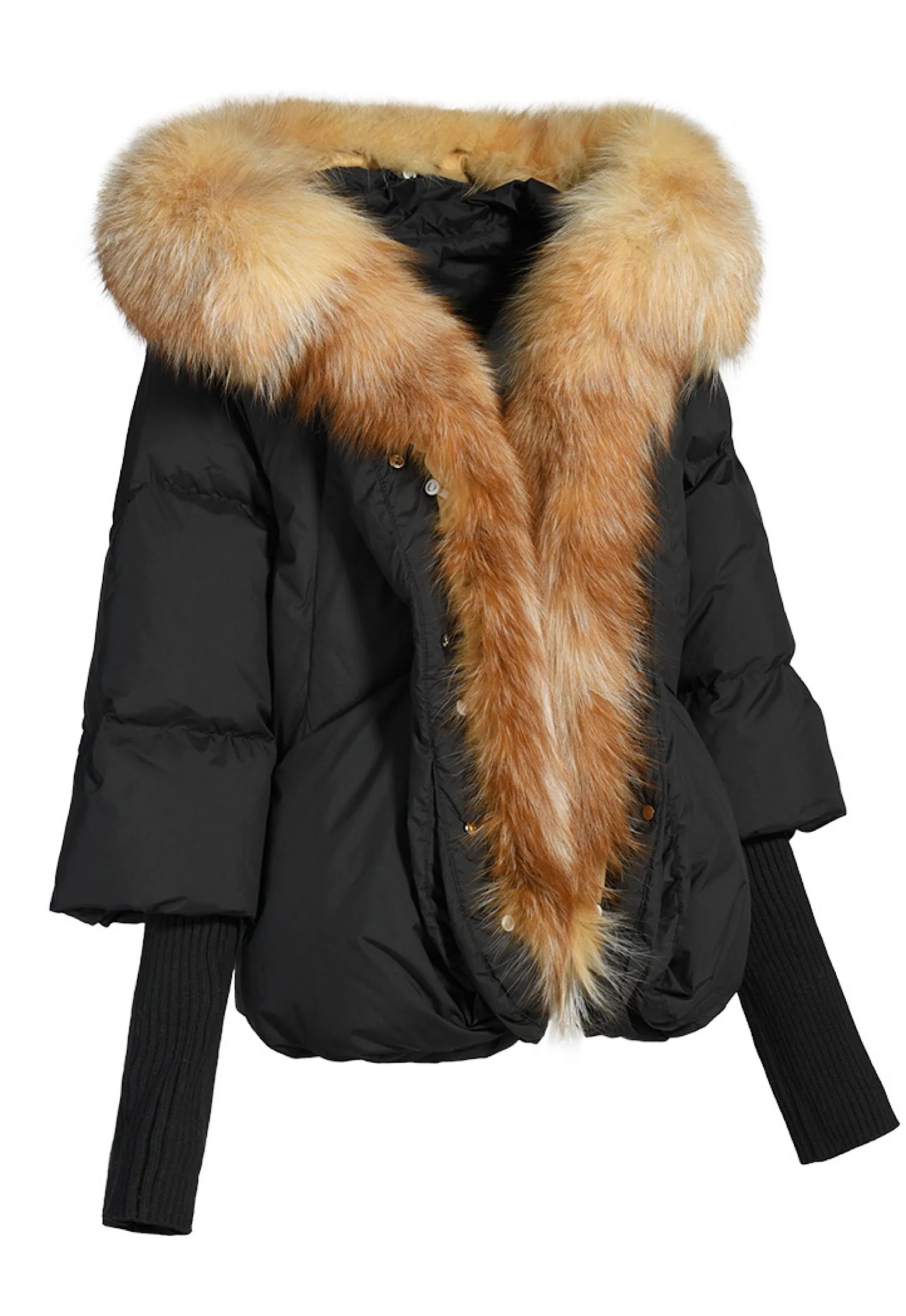 Black Down Jacket with Red Fox Fur