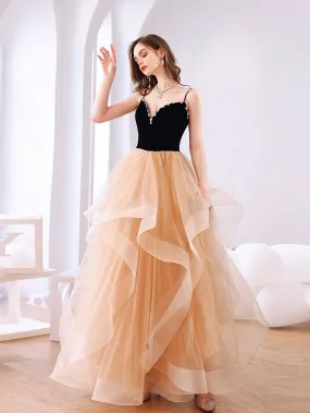 Champagne Tulle Long Prom Dresses, Champagne Tulle Formal Graduation Dresses
