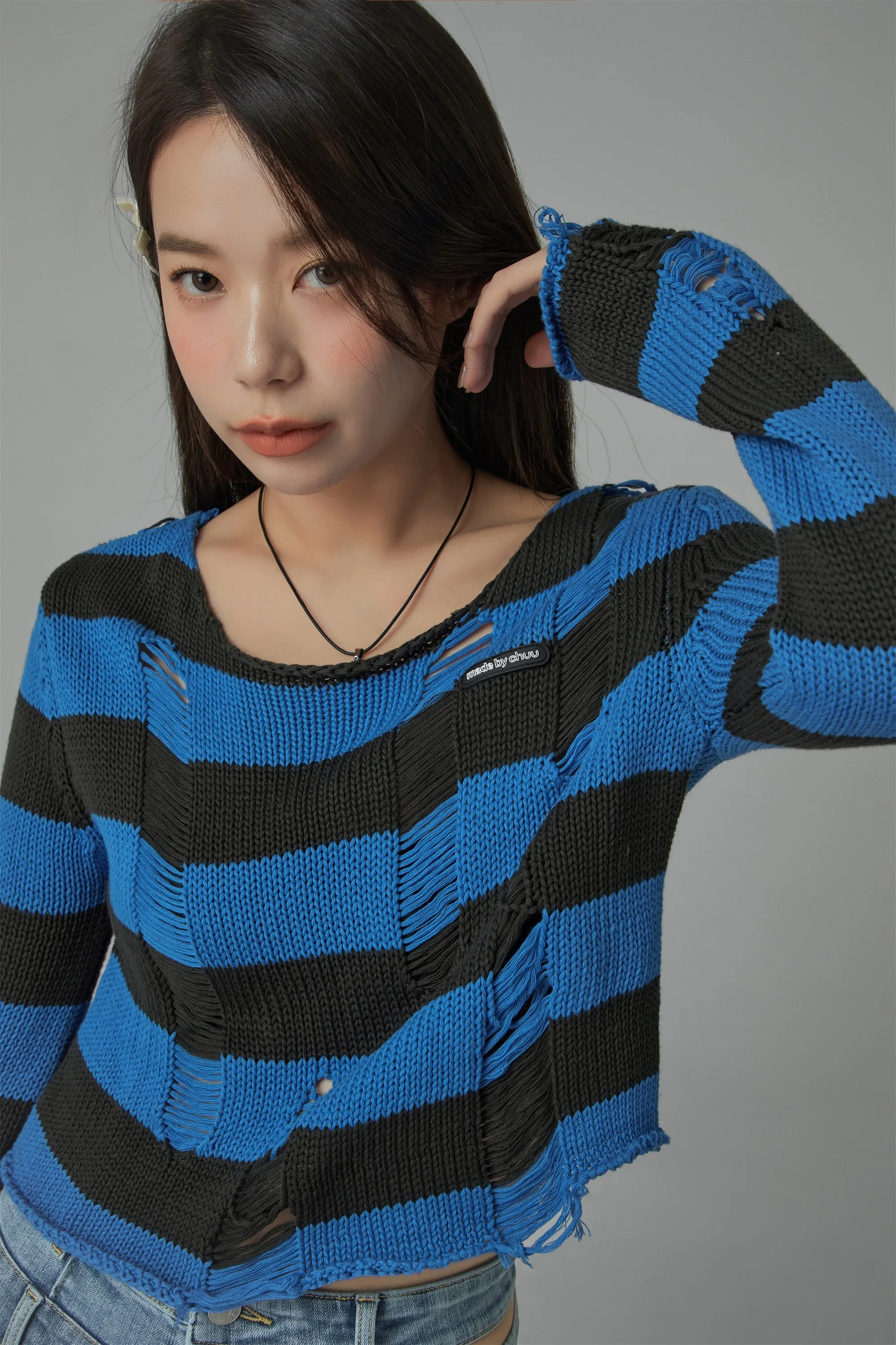 Distressed Stripe Crop Knit Top