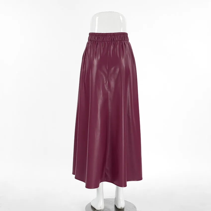 Fleece Faux Leather High Waist Midi Skirt