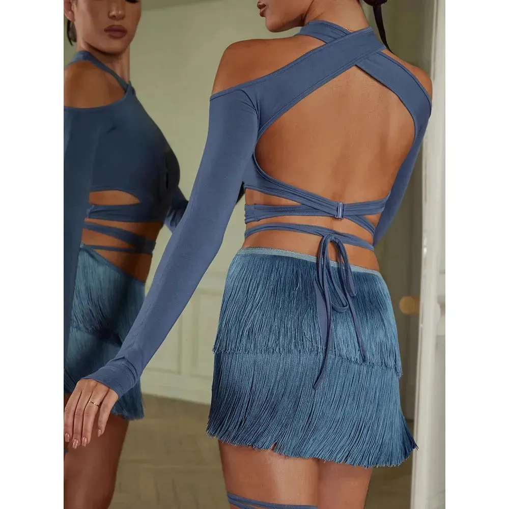 Fringe Mini Skirt for Latin Dance – Latina Mini Skirt with Lace-Up Waist and Built-In Shorts