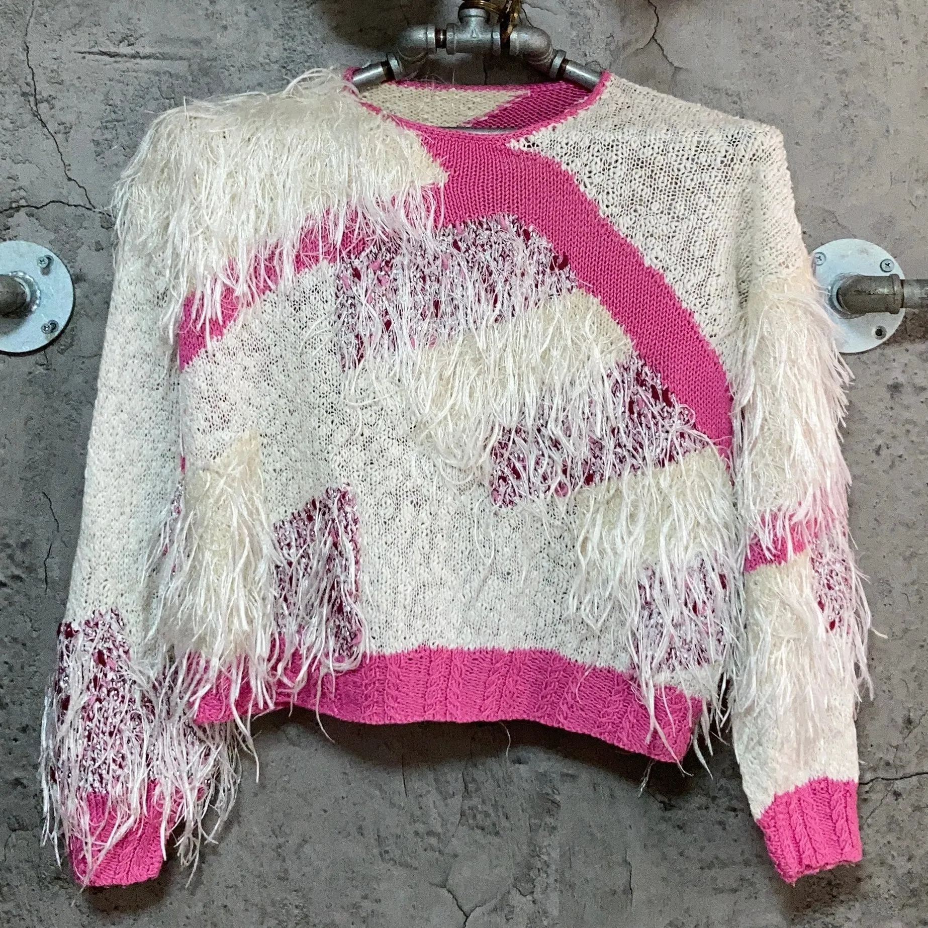 fringe switched knit top fluffy shaggy pink white