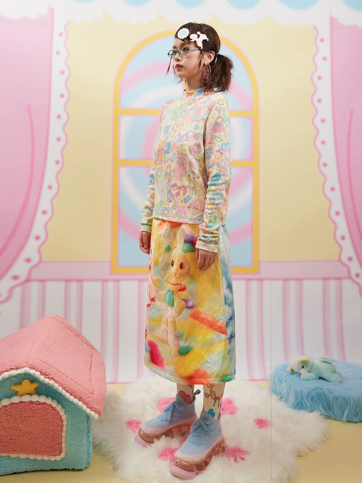 Front & Back Cartoon Print Quilted Skirt
