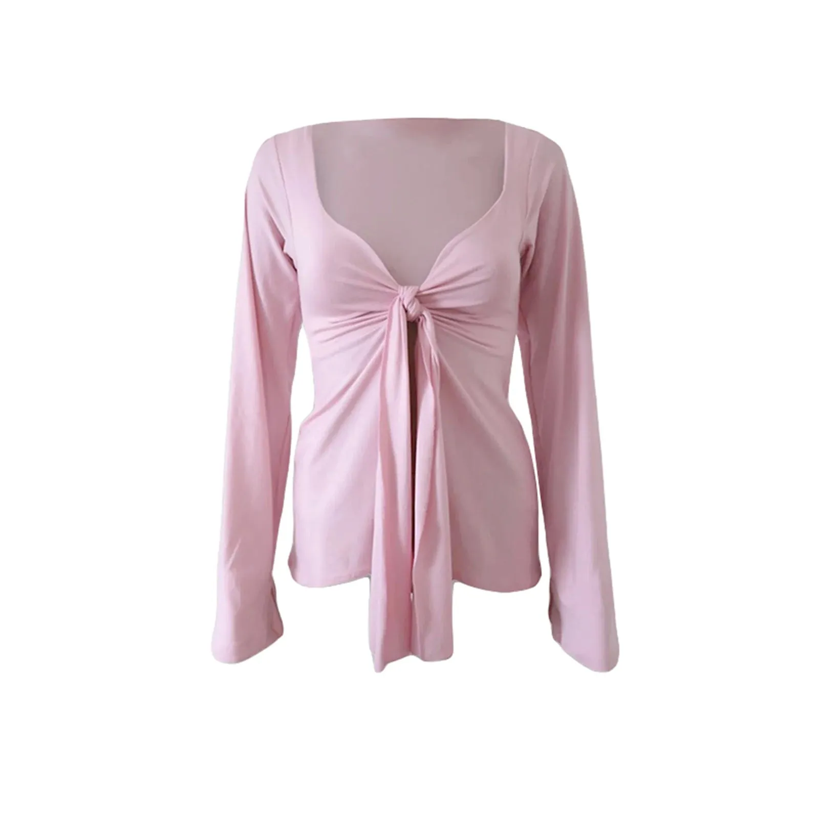 Girlary Womens Long Sleeve T-Shirts Solid Color Deep V-Neck Front Tie Split Bow Knot Casual Fall Winter Fashion Slim Fit Tops