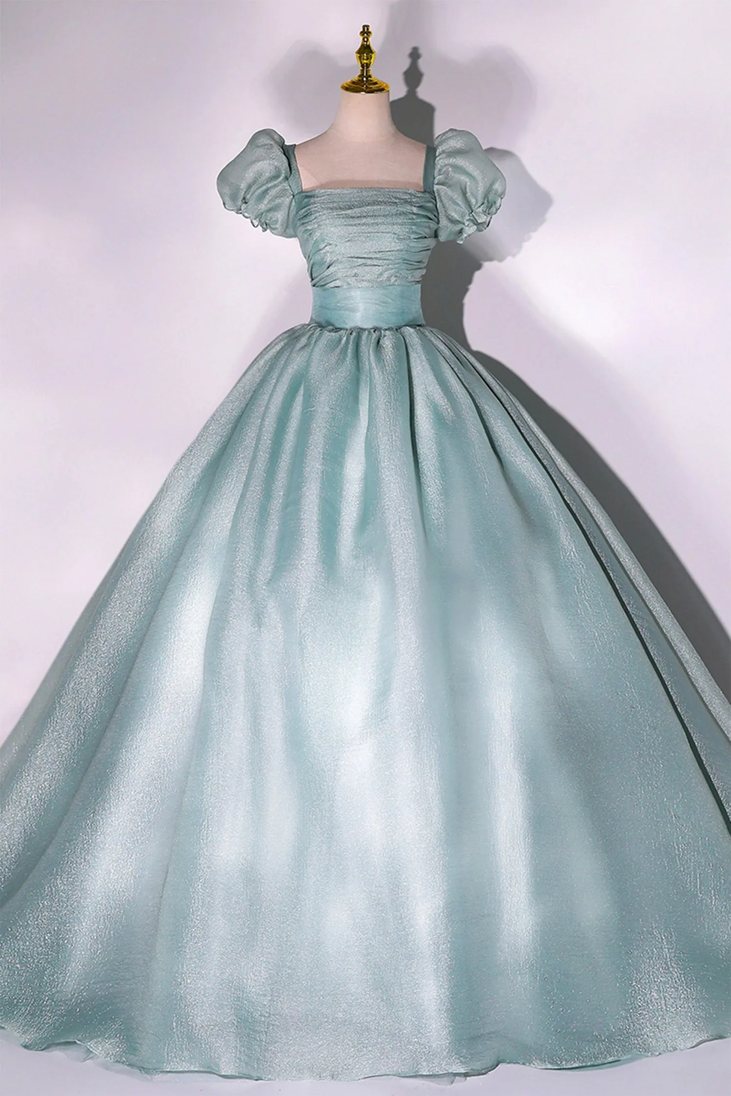 Green Tulle Floor Length Prom Dress, Lovely Short Sleeve Formal Evening Gown