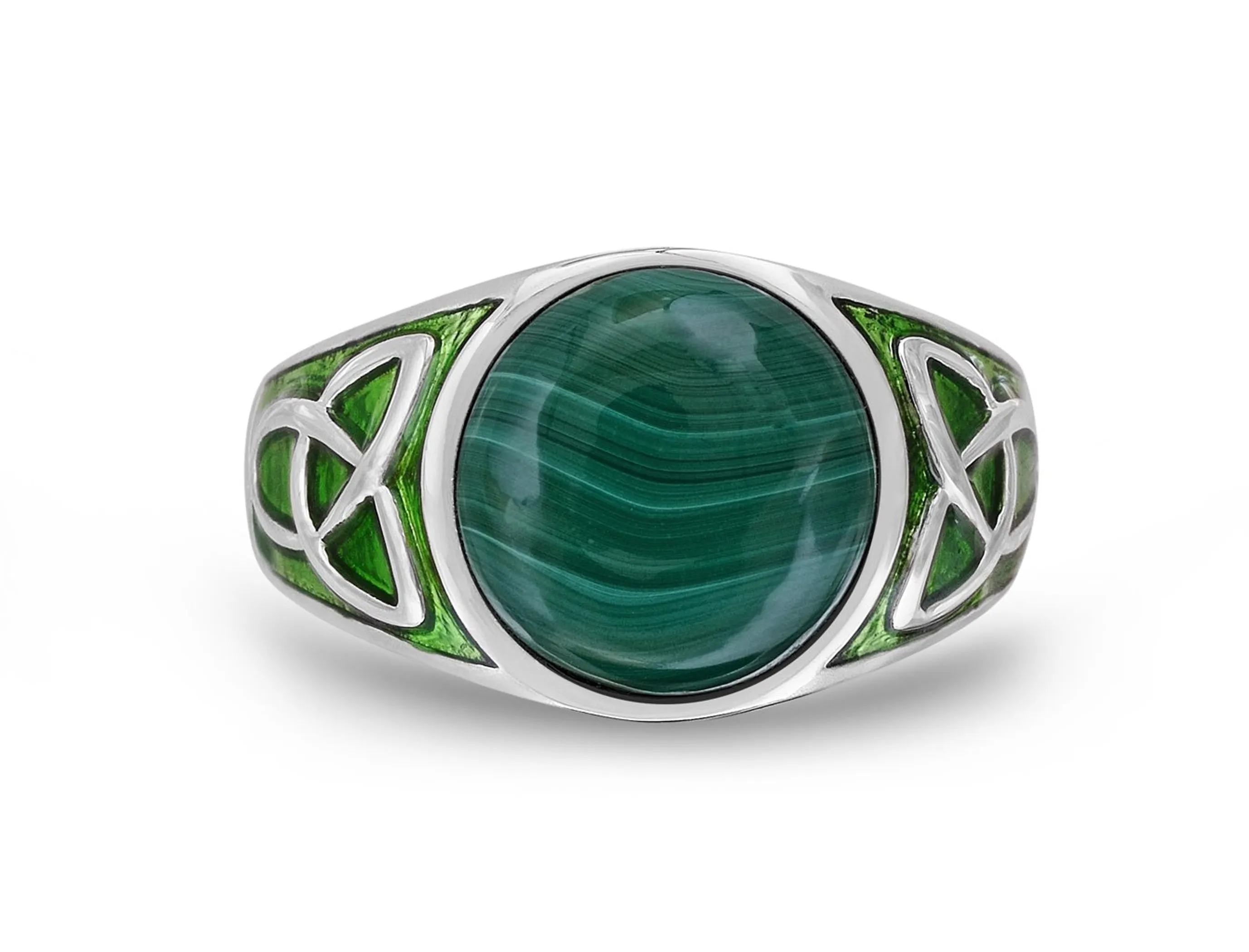 Malachite Cabochon Flat Back Stone Signet Ring in Sterling Silver with Enamel