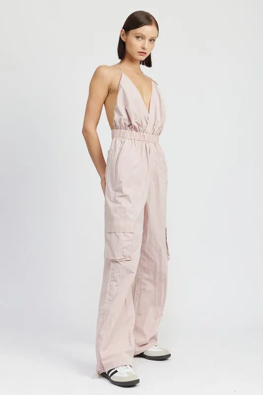 Modern Beige Cargo Style Jumpsuit