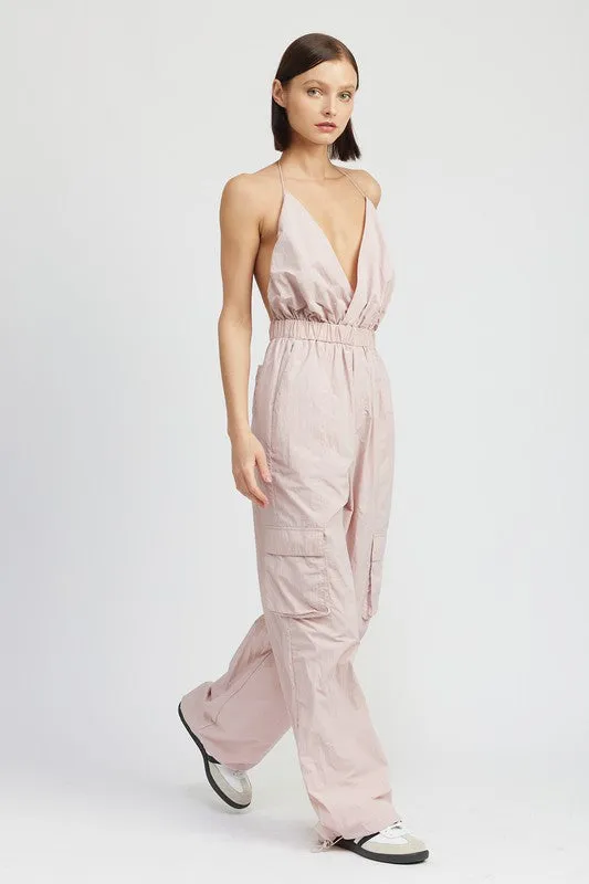 Modern Beige Cargo Style Jumpsuit