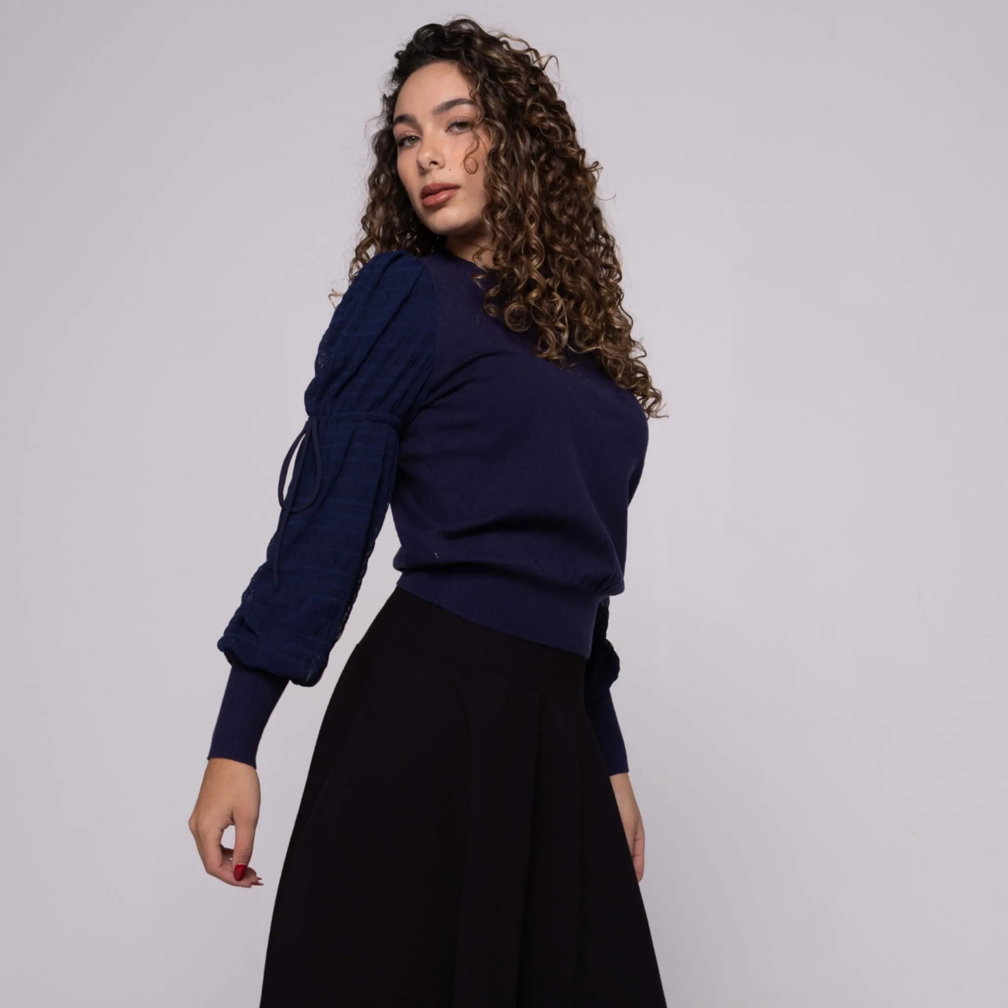 NAVY Rouched Drawstring Sleeve Sweater by Ivee