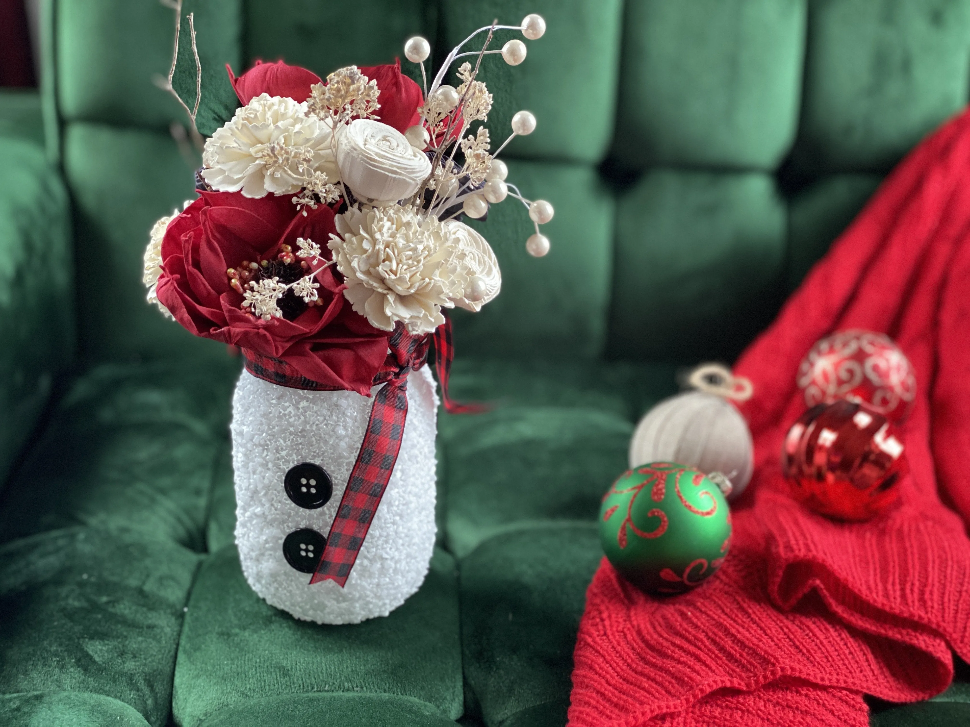 Snowman Pint Jar - Holiday Sola Flower Arrangement