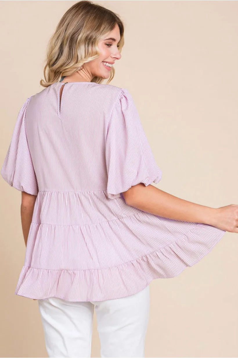 Striped Top W/U-Neck Short Puffed Sleeves