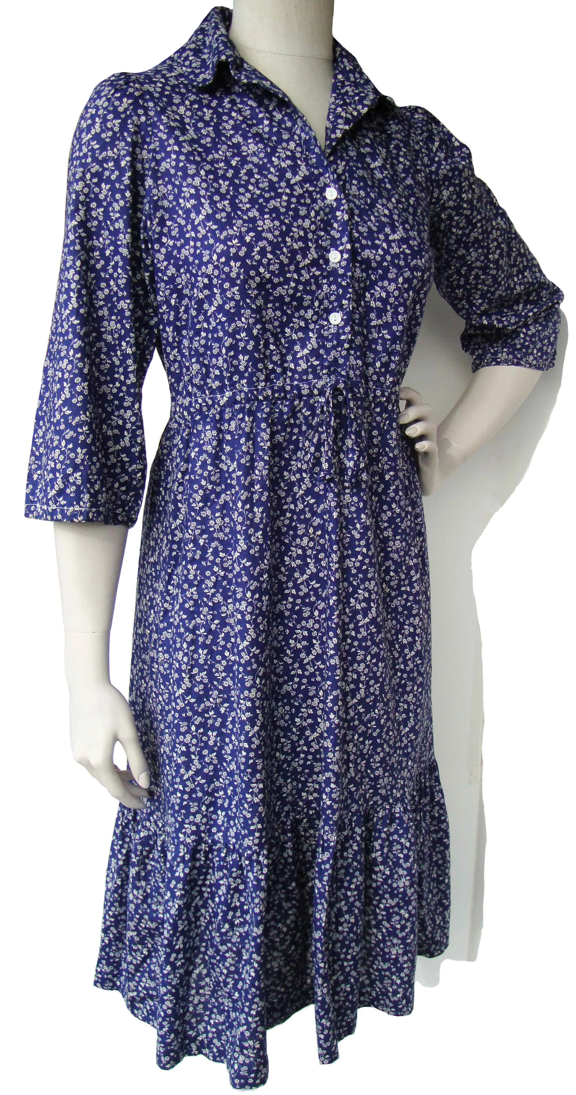 Vintage 70s Prairie Dress Blue & White Floral Peasant Calico Print M