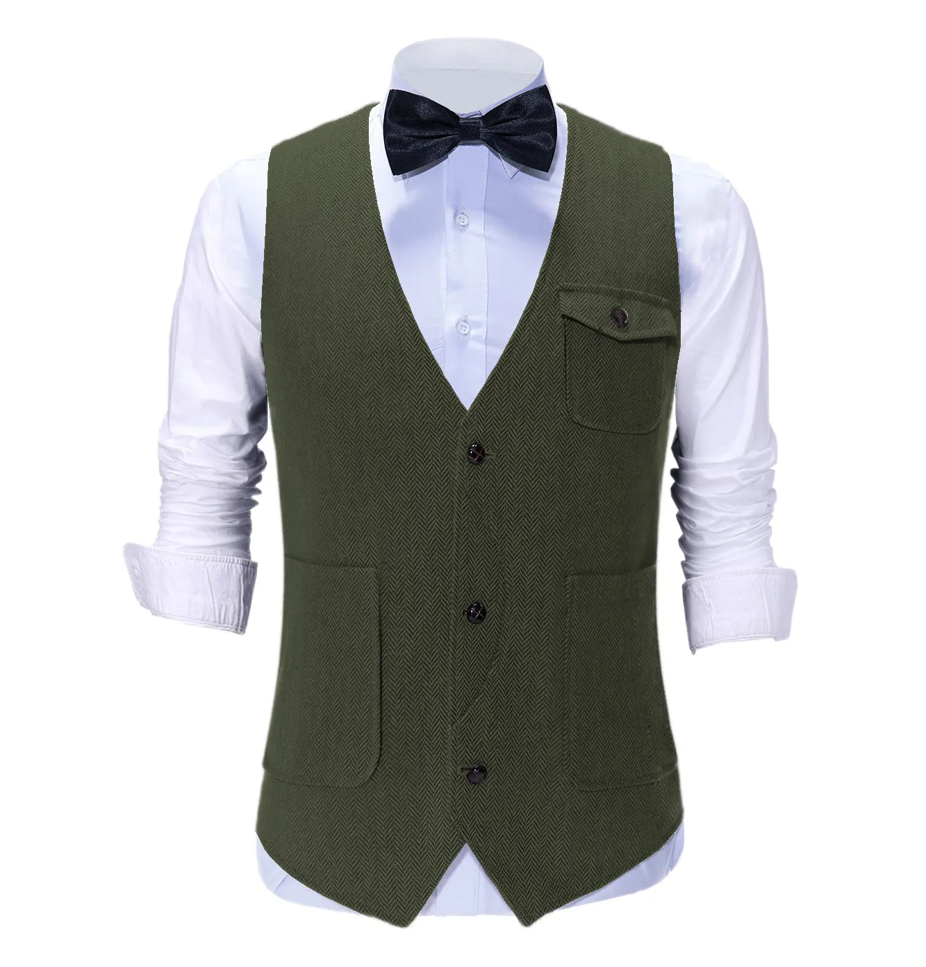 Vintage Classical Mens Regular Fit Tweed Herringbone V Neck Suit Vest
