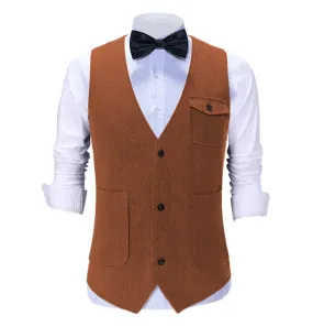 Vintage Classical Mens Regular Fit Tweed Herringbone V Neck Suit Vest
