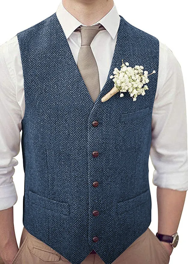 Vintage Classical Mens Regular Fit Tweed Herringbone V Neck Waistcoat